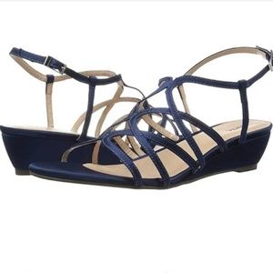 Pink Paradox Opulent Navy Satin Wedge Sandal 7.5